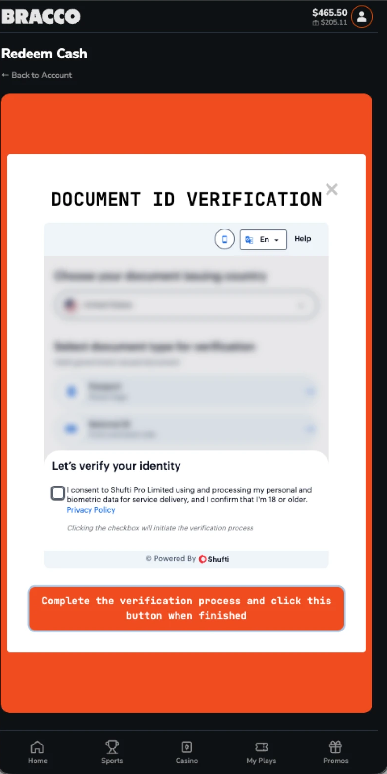 Document ID Verification iframe from a second vendor on the redeem path, with a button reading complete the verification process and click this button when finished.
