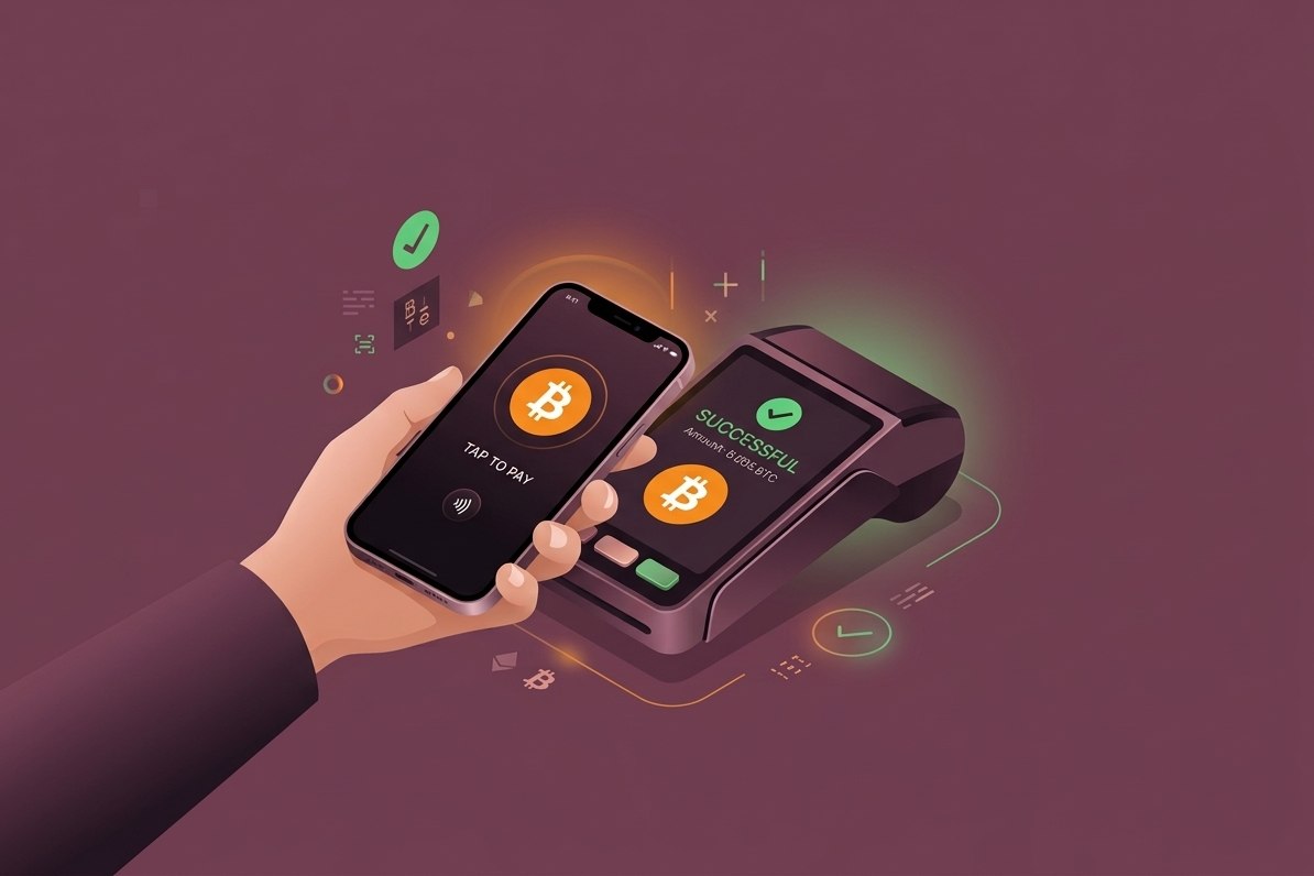 Illustration of a hand tapping a phone showing a Bitcoin tap-to-pay screen against a payment terminal that reads Successful.