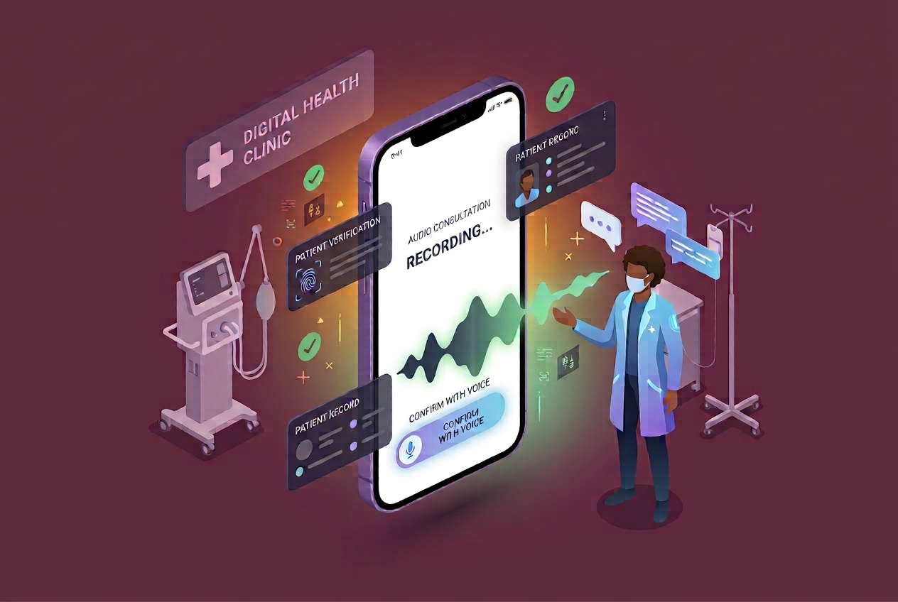 Isometric illustration of a clinician beside a phone recording an audio consultation, with patient verification and record cards floating around it.
