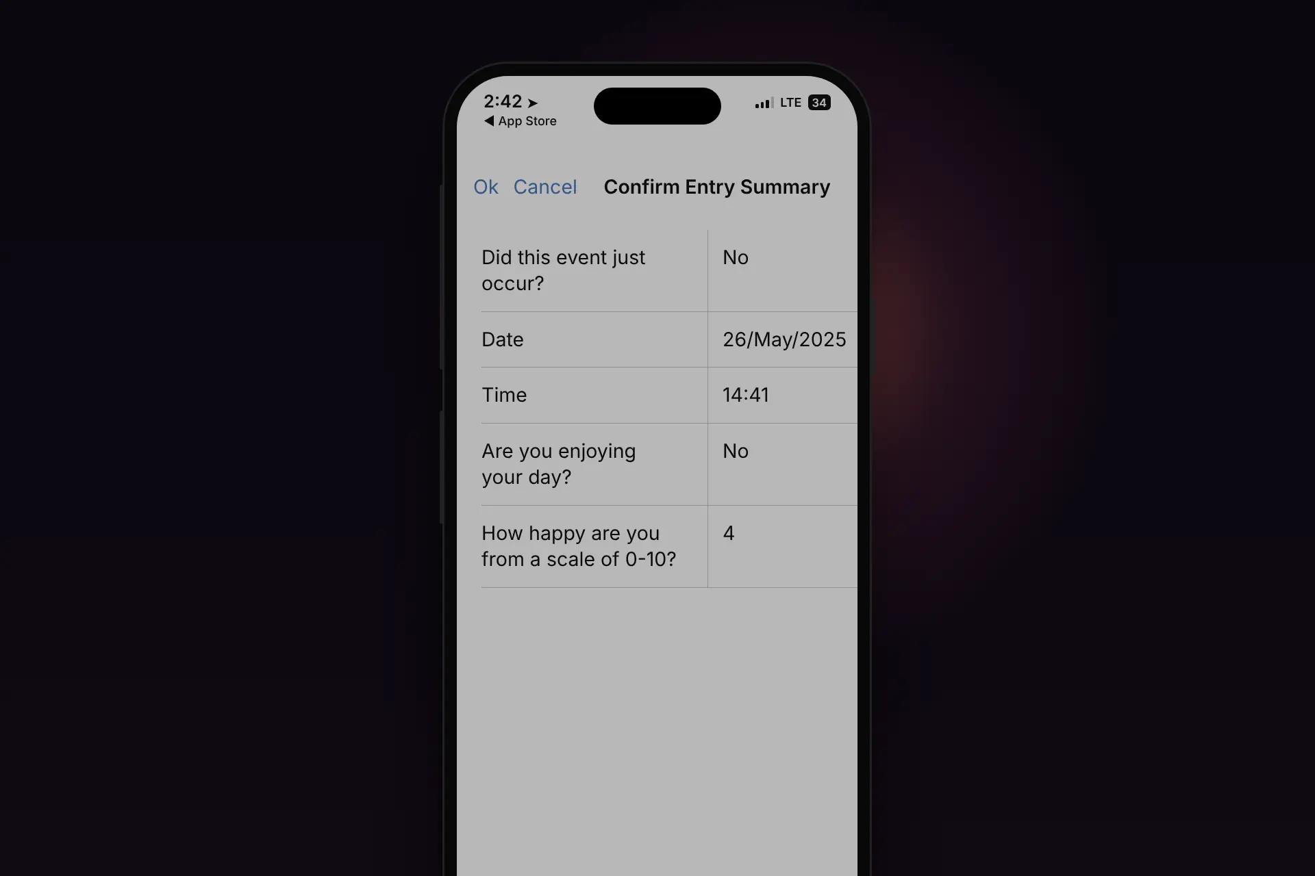 Before: the legacy Confirm Entry Summary screen, a plain two-column list of questions and answers with small Ok and Cancel links in the corner.
