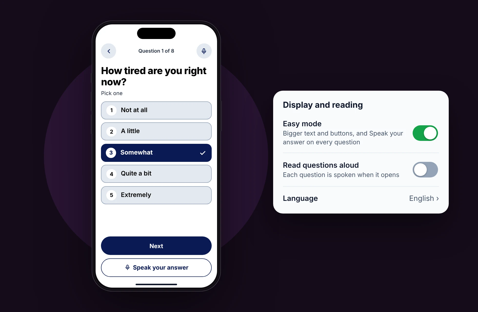 Easy Mode switched on: a question in Easy Mode with larger type, a “Pick one” hint, bigger option rows and a “Speak your answer” button, beside the Display and reading settings card with Easy mode on and Read questions aloud off.