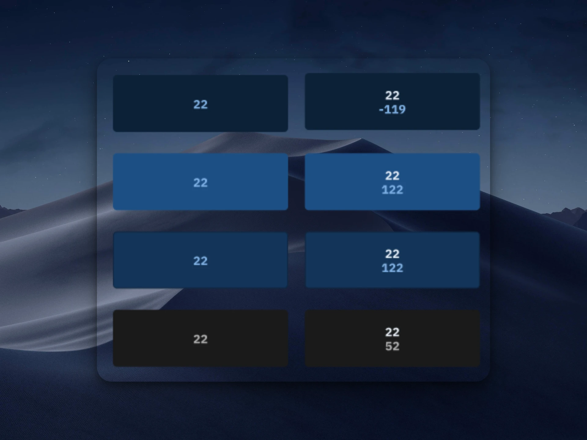 A translucent panel over a night-time dune landscape showing a two-column grid of blue-toned button components, each labelled with its numeric style token.